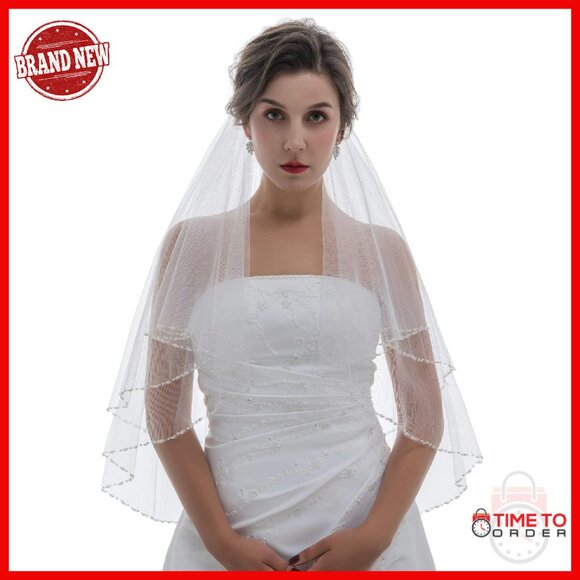 2 Tier Pearl Crystal Beaded Bridal Wedding Veil Fingertip Length